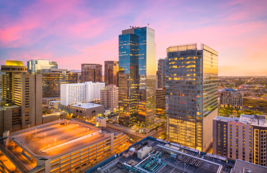 CFO Services in Arizona Aerial view of the Phoenix Arizona skyline with mountains in the background