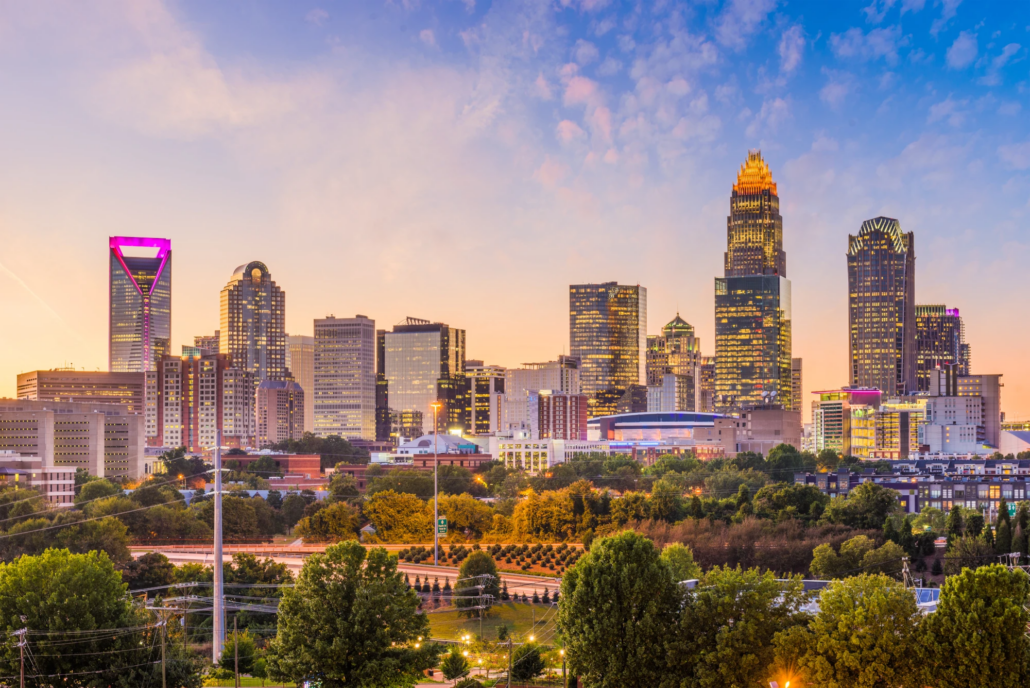 Charlotte North Carolina city skyline at dusk