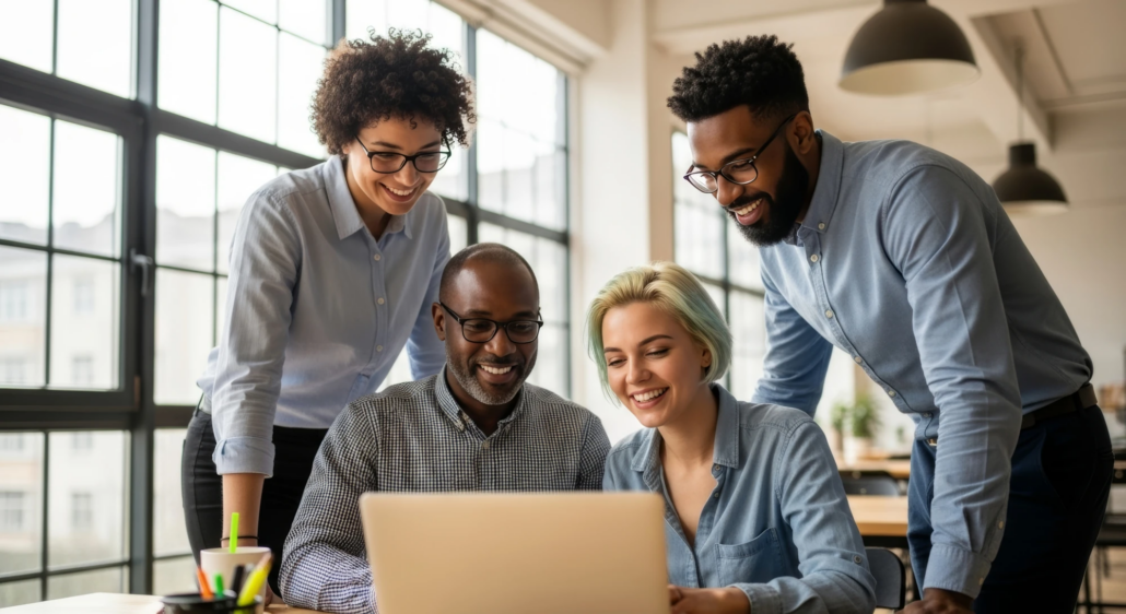 Team of four working together at a table in an office