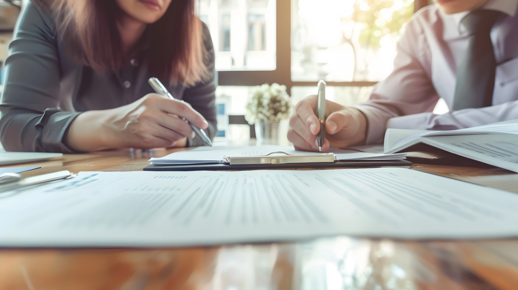 Business owner reviewing printed financial paperwork at a desk