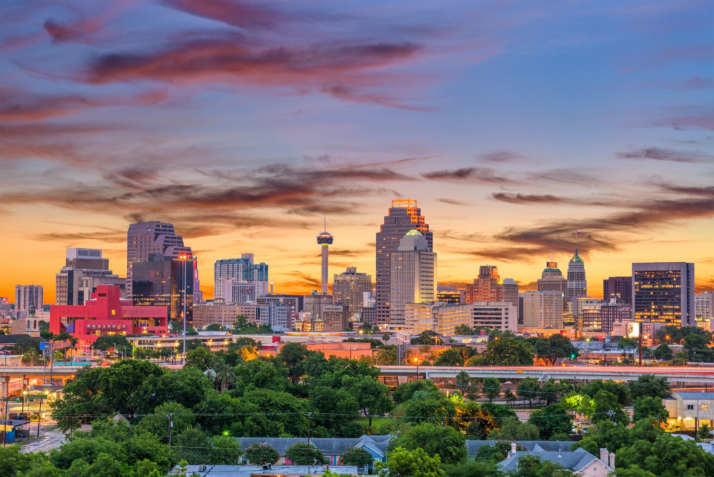 The downtown San Antonio skyline at dusk