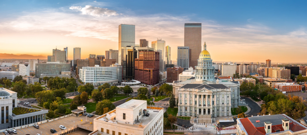An aerial view of Denver and its surrounding metro