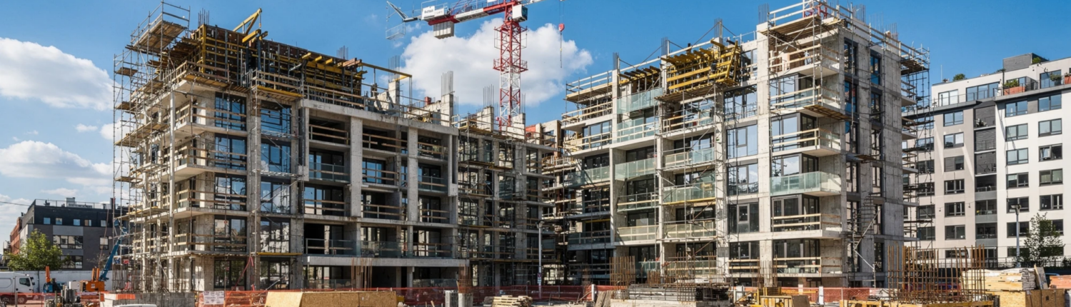 Tower cranes overlooking a large construction site with multi-story buildings in various stages of development.