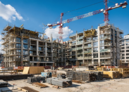 Tower cranes overlooking a large construction site with multi-story buildings in various stages of development.