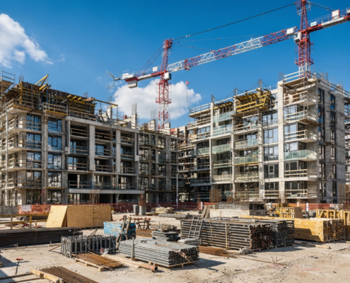Tower cranes overlooking a large construction site with multi-story buildings in various stages of development.