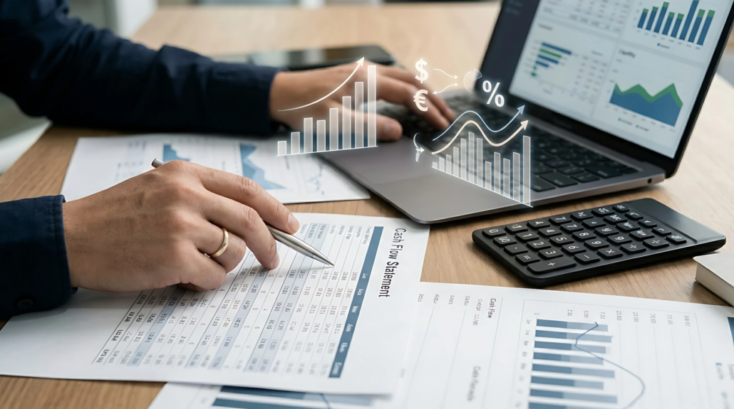 CFO Services in Austin A cash flow forecast and charts on a laptop screen