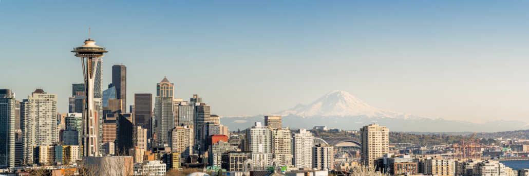 Seattle Washington skyline with Mount Rainier in the background