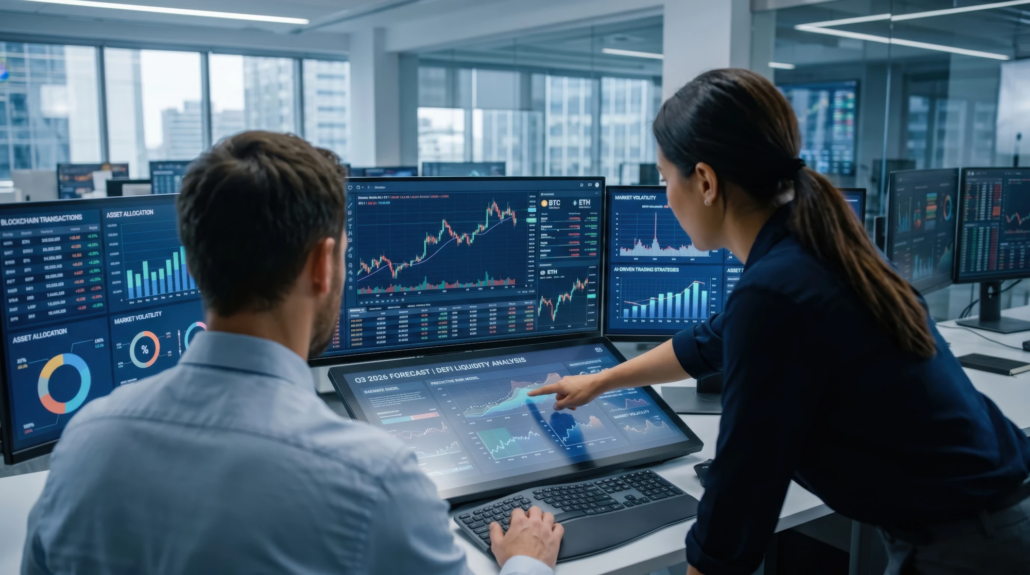 Two people reviewing data on a screen in an office