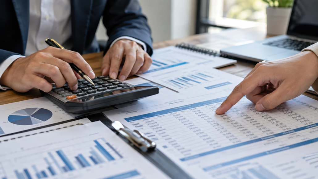 Outsourced CFO Services in NYC Printed financial reports and a laptop on a desk